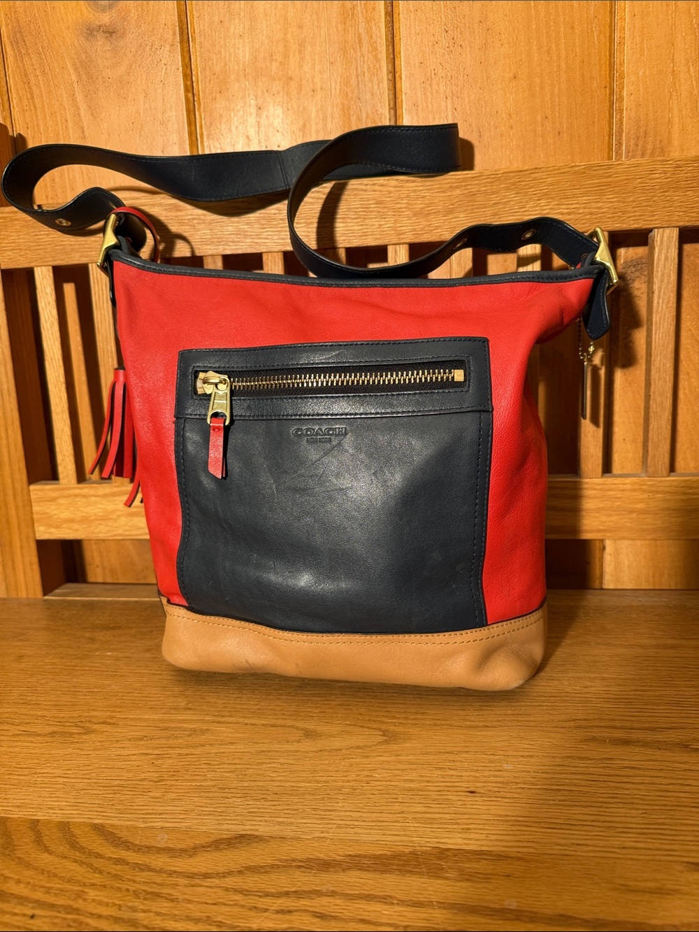 COACH Limited Edition Legacy Red, Black & Tan Colorblock Leather Shoulder Bag